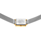 Square watch with mesh band and gold lugs, shown from behind with face visible at top.