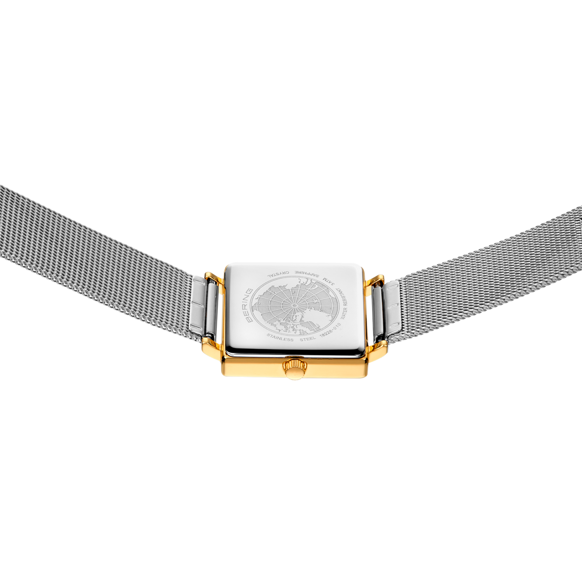 Square watch with mesh band and gold lugs, shown from behind with face visible at top.