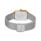 Square case watch with rose gold lugs and silver mesh band, displayed to show the magnetic clasp.
