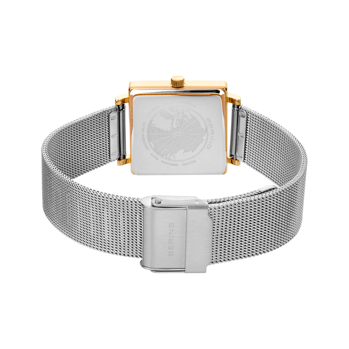 Square case watch with rose gold lugs and silver mesh band, displayed to show the magnetic clasp.