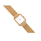 Gold-toned square watch with mesh metal band, displayed at an angle.