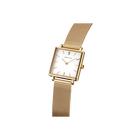 Square-face BERING watch with white dial and gold-tone mesh band, tilted view