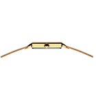 Top view of watch: champagne-gold rectangular case with black bezel and brown woven strap