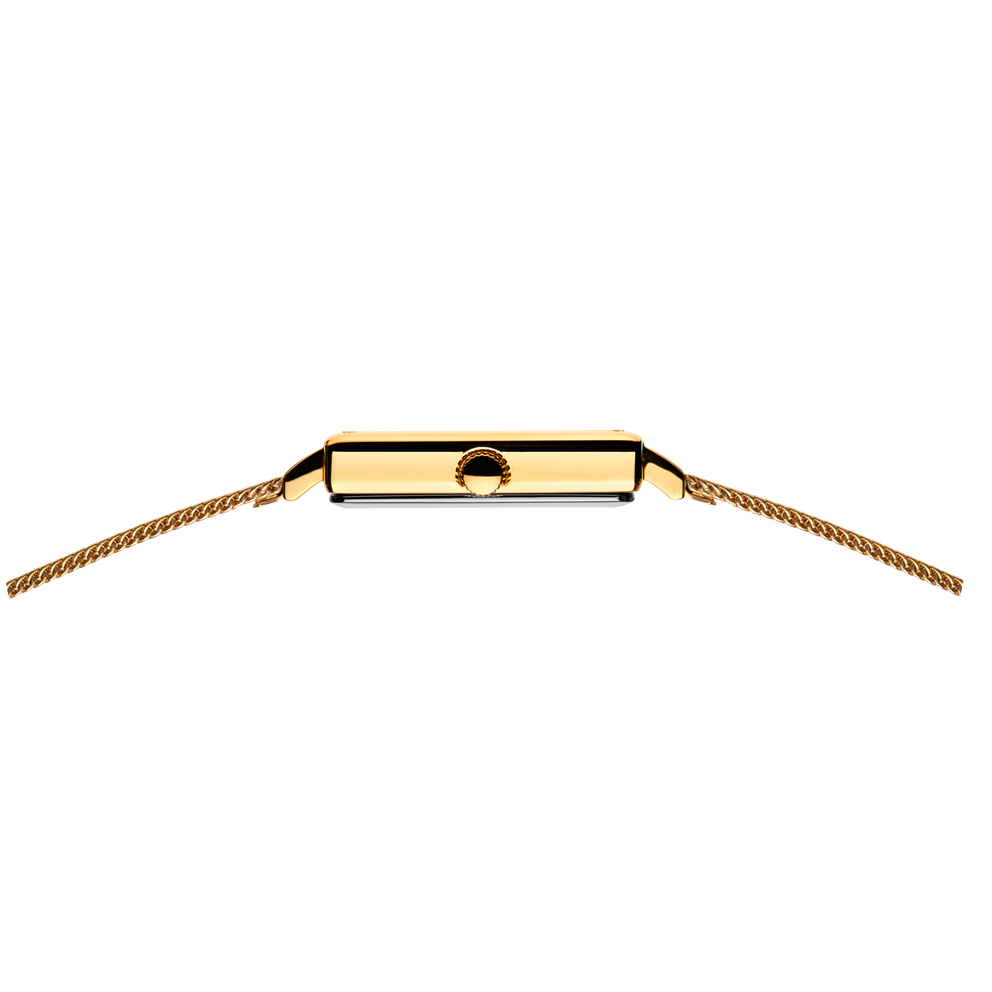 Top view of watch: champagne-gold rectangular case with black bezel and brown woven strap