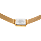 Watch viewed from below, showing gold mesh band and rectangular case with globe-patterned dial.