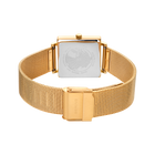 Square-dial wristwatch with white face and gold mesh bracelet, viewed from above