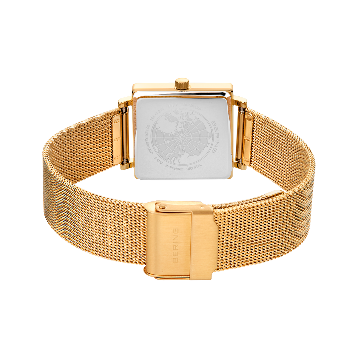 Square-dial wristwatch with white face and gold mesh bracelet, viewed from above