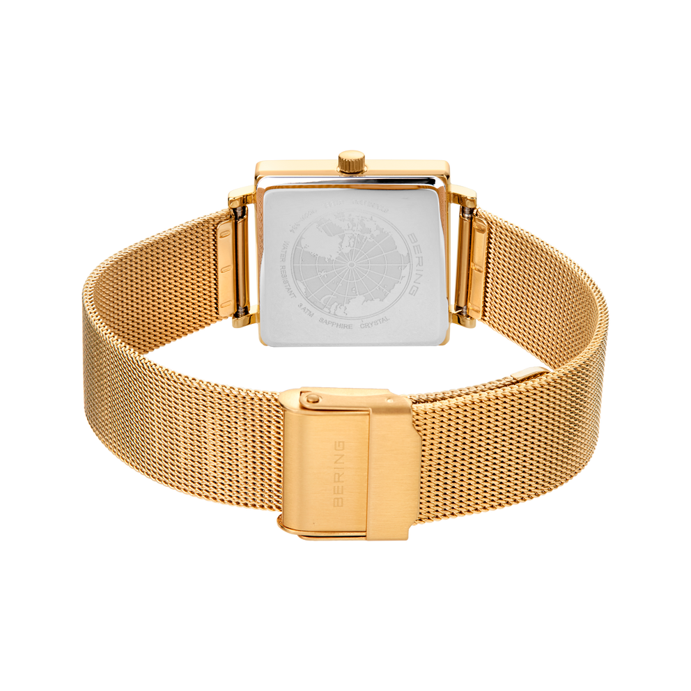 Square-dial wristwatch with white face and gold mesh bracelet, viewed from above