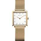 Gold-toned BERING square watch with white dial, gold markers, and mesh bracelet, front view.