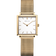 Gold-toned BERING square watch with white dial, gold markers, and mesh bracelet, front view.