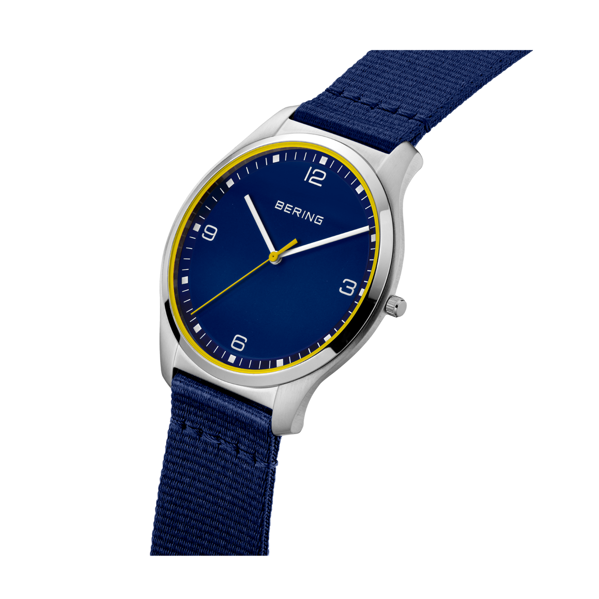 BERING watch angled view: dark blue dial, silver case, gold accents, navy fabric strap