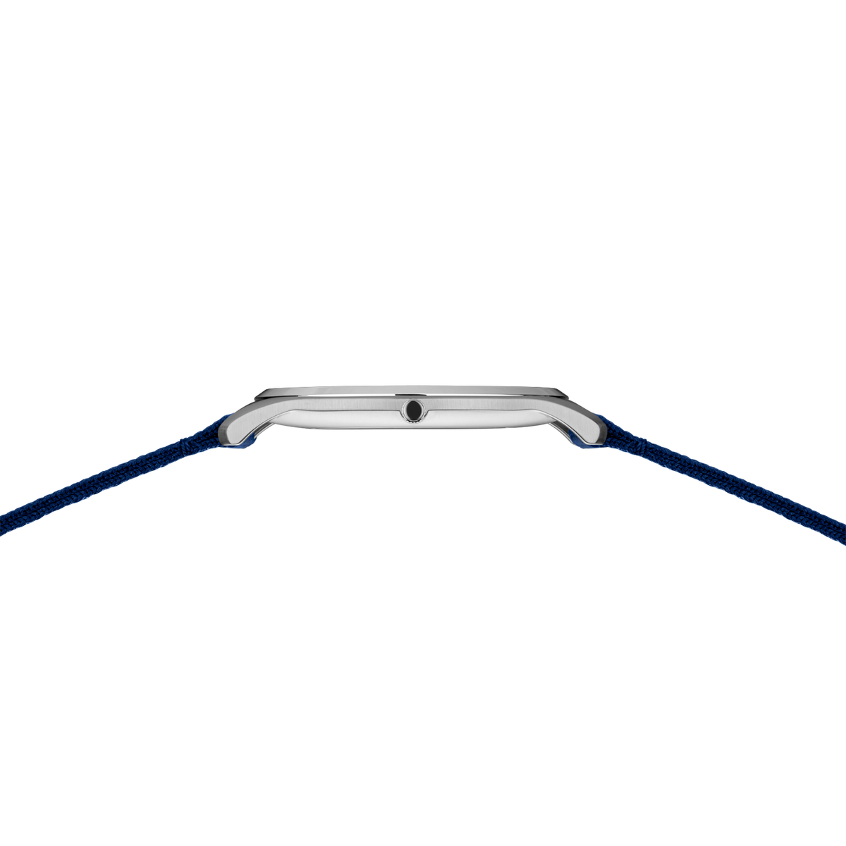 Square silver watch case with dark blue fabric strap, photographed from above