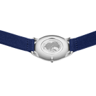 Silver BERING watch with blue textile strap, back view