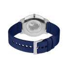 Stainless steel watch case back with dark blue textile strap and white stitching detail.