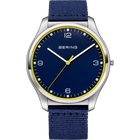 BERING wristwatch with silver case, navy dial, white hands, yellow second hand, and navy textile strap