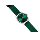 BERING wristwatch with teal dial and silver case, dark green ribbed fabric strap, angled view