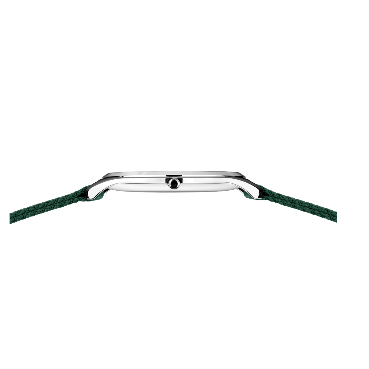 Silver-cased watch with round dial, viewed from the side with green fabric strap attached at the lugs.