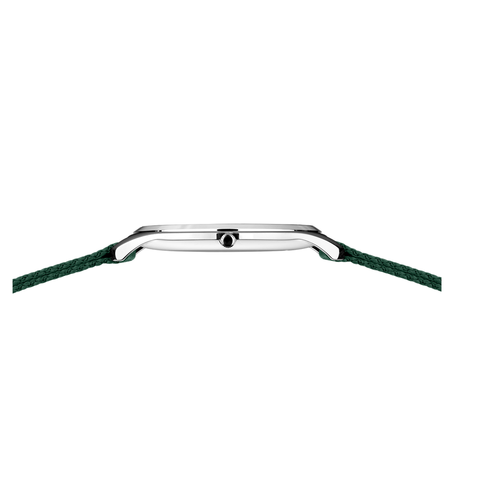 Silver-cased watch with round dial, viewed from the side with green fabric strap attached at the lugs.