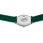 Silver-cased wristwatch shown from the back, with round dial and forest green textile strap.