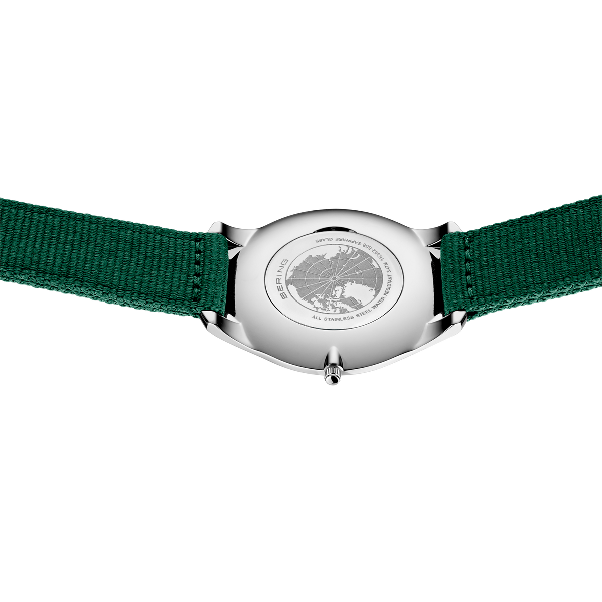 Silver-cased wristwatch shown from the back, with round dial and forest green textile strap.