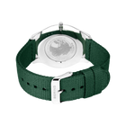 Back view of BERING watch with white case and green ribbed fabric strap.