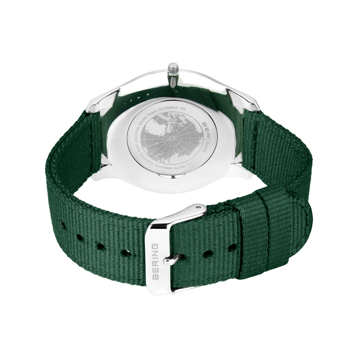 Back view of BERING watch with white case and green ribbed fabric strap.