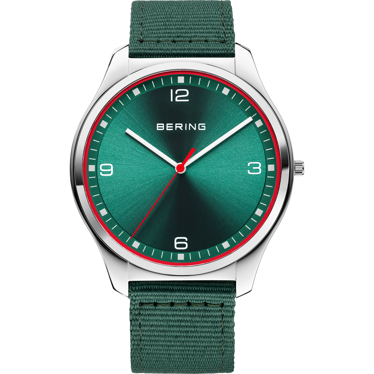 Silver watch with dark teal dial and red bezel, white hands, on green fabric strap