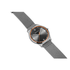 BERING watch with round dark dial, rose-gold bezel, and gray fabric strap, angled view