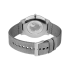 Stainless steel wristwatch with textured mesh band shown from the back, revealing the band's construction and fit.