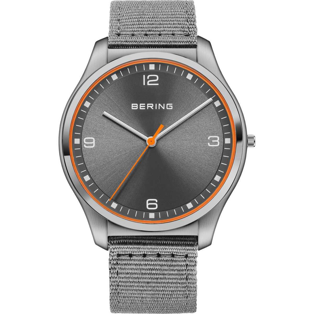 BERING watch with round stainless steel case, dark gray dial, orange bezel accent, white indices, and gray woven fabric band.