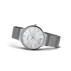Reloj de pulsera BERING con esfera redonda plateada, diseño minimalista y correa de malla metálica