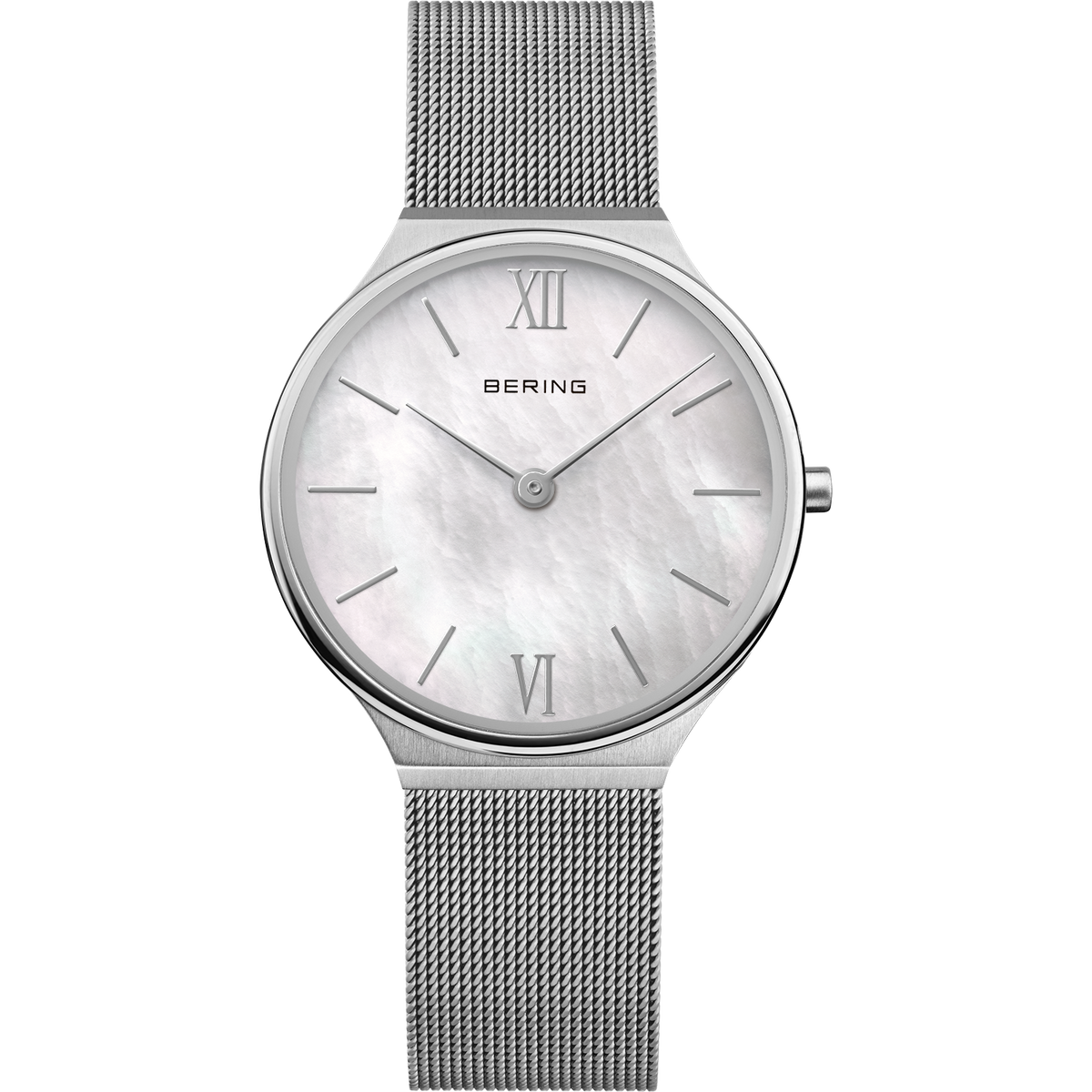 Reloj de pulsera BERING con caja redonda, pulsera de malla plateada y esfera blanca con números romanos