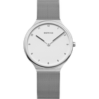 Horloge met zilveren mesh-band, wit rond wijzerplaat en minimalistisch design