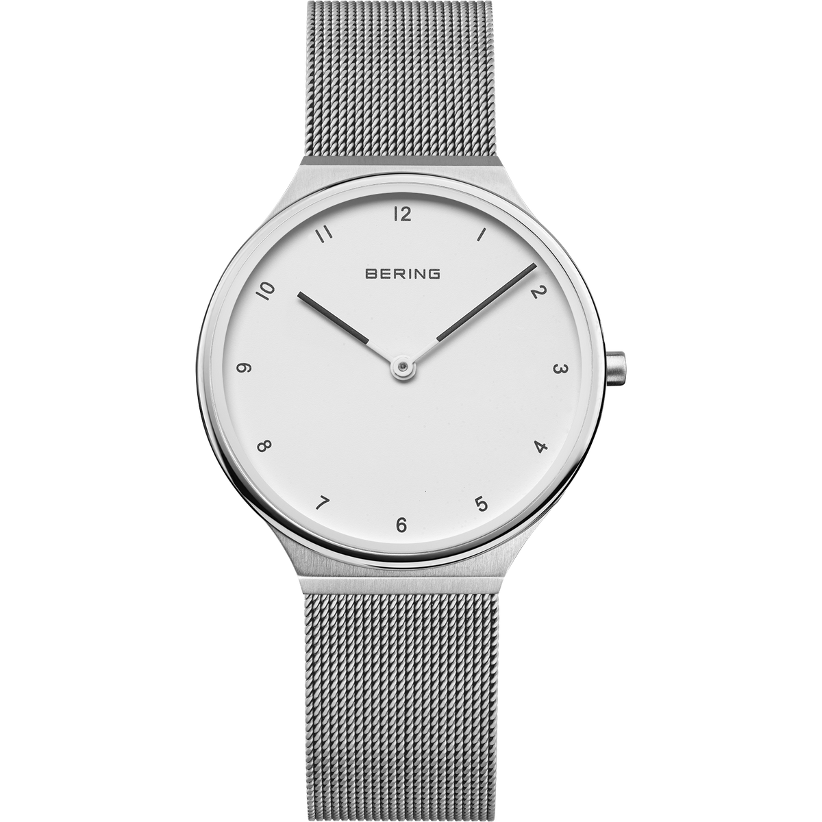 Horloge met zilveren mesh-band, wit rond wijzerplaat en minimalistisch design