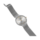 BERING watch with round minimalist dial and gray mesh band shown at angle