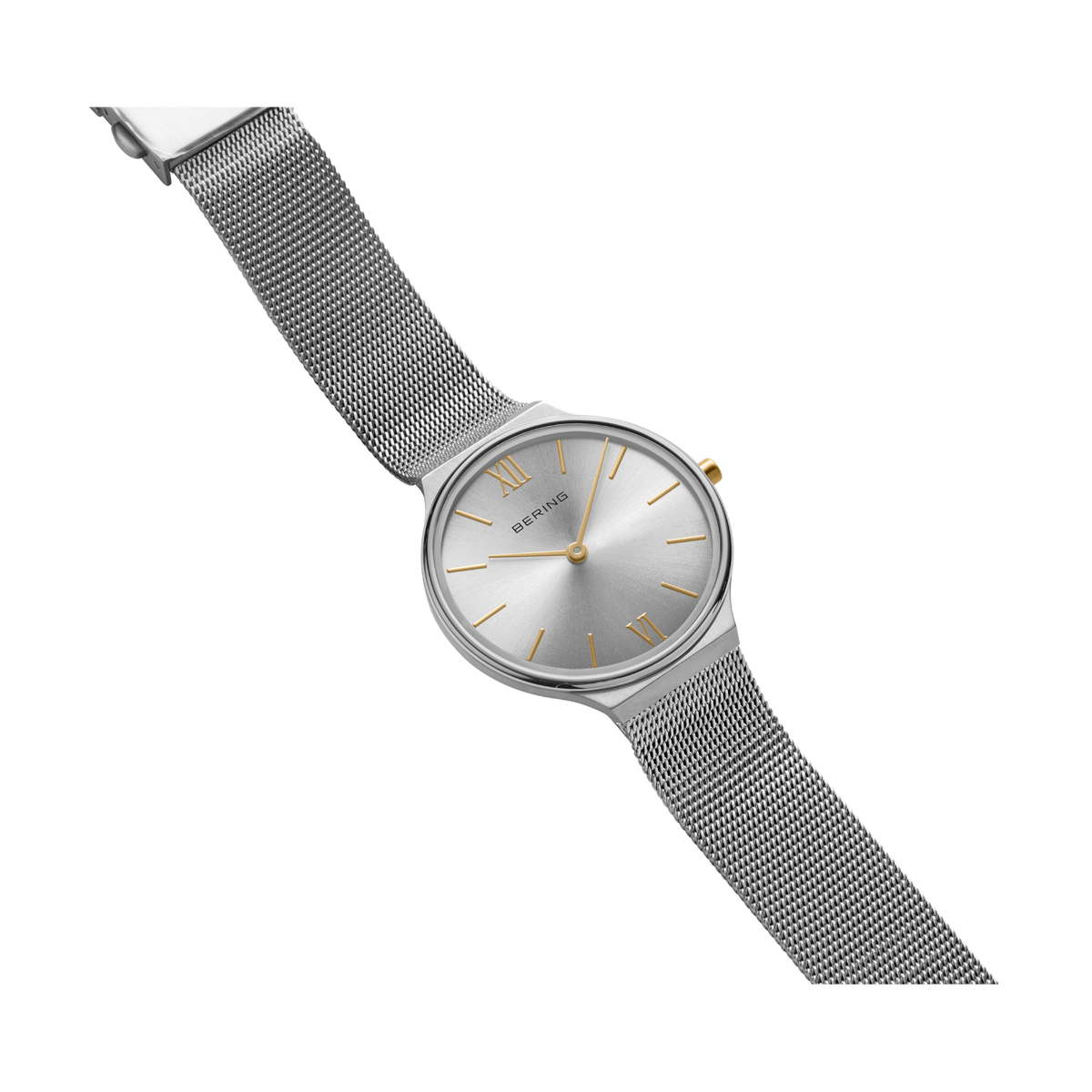 BERING watch with round minimalist dial and gray mesh band shown at angle