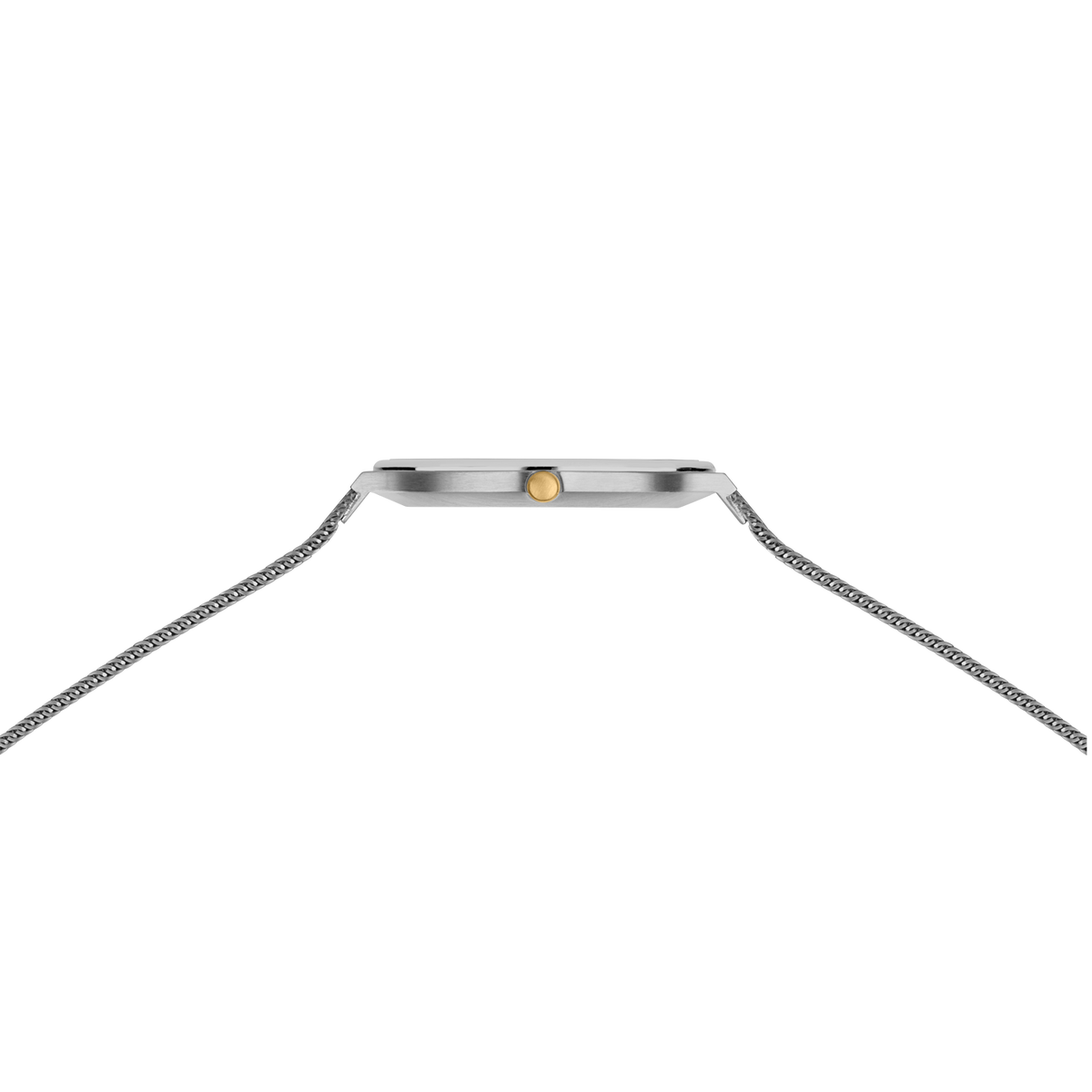 Rectangular watch with silver case, gold crown, and metal mesh bracelet, side view