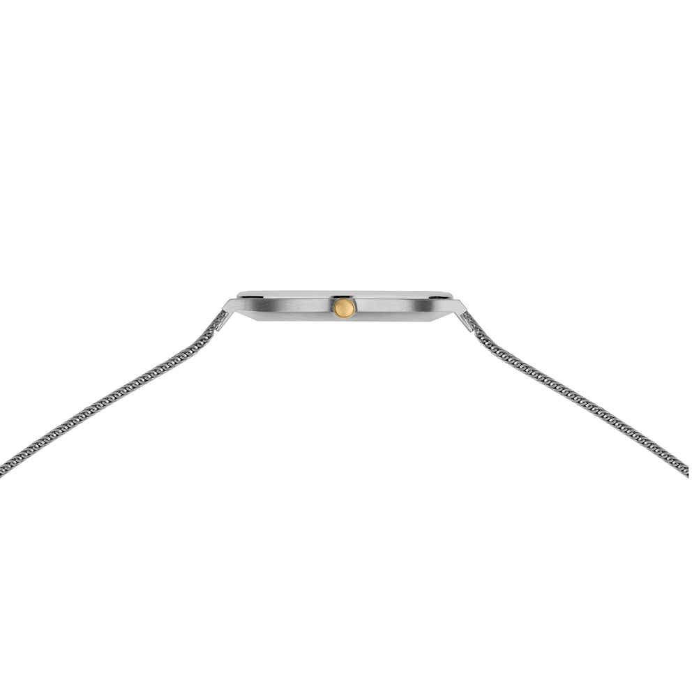 Rectangular watch with silver case, gold crown, and metal mesh bracelet, side view