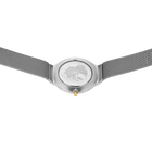 BERING wristwatch 18434-010 frontal view with round case, light dial, extended mesh band, and gold crown detail.