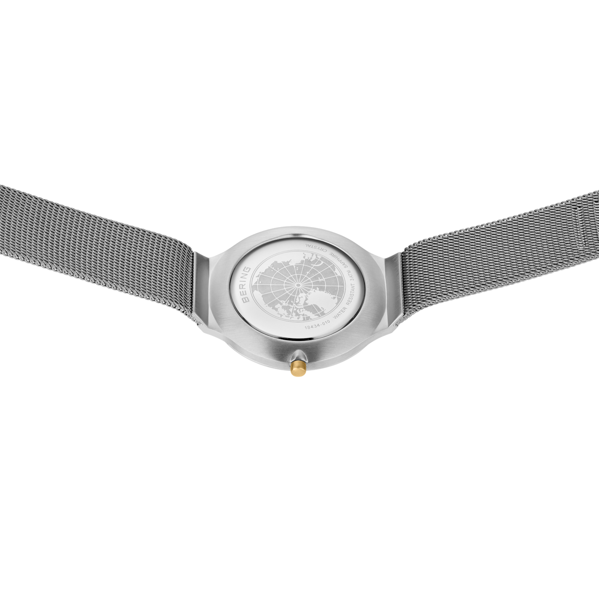 BERING wristwatch 18434-010 frontal view with round case, light dial, extended mesh band, and gold crown detail.