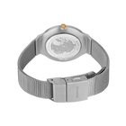 Back view of wristwatch with silver mesh bracelet and rectangular clasp, textured dial visible