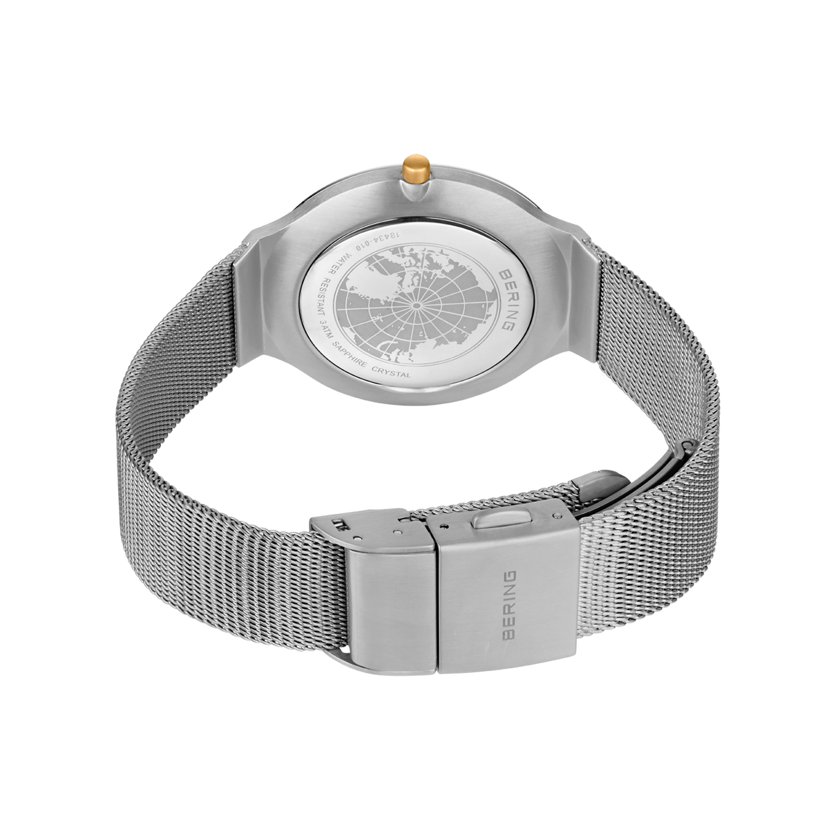 Back view of wristwatch with silver mesh bracelet and rectangular clasp, textured dial visible