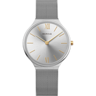 Silver mesh band wristwatch with round case, white dial, Roman numerals, and golden hour markers
