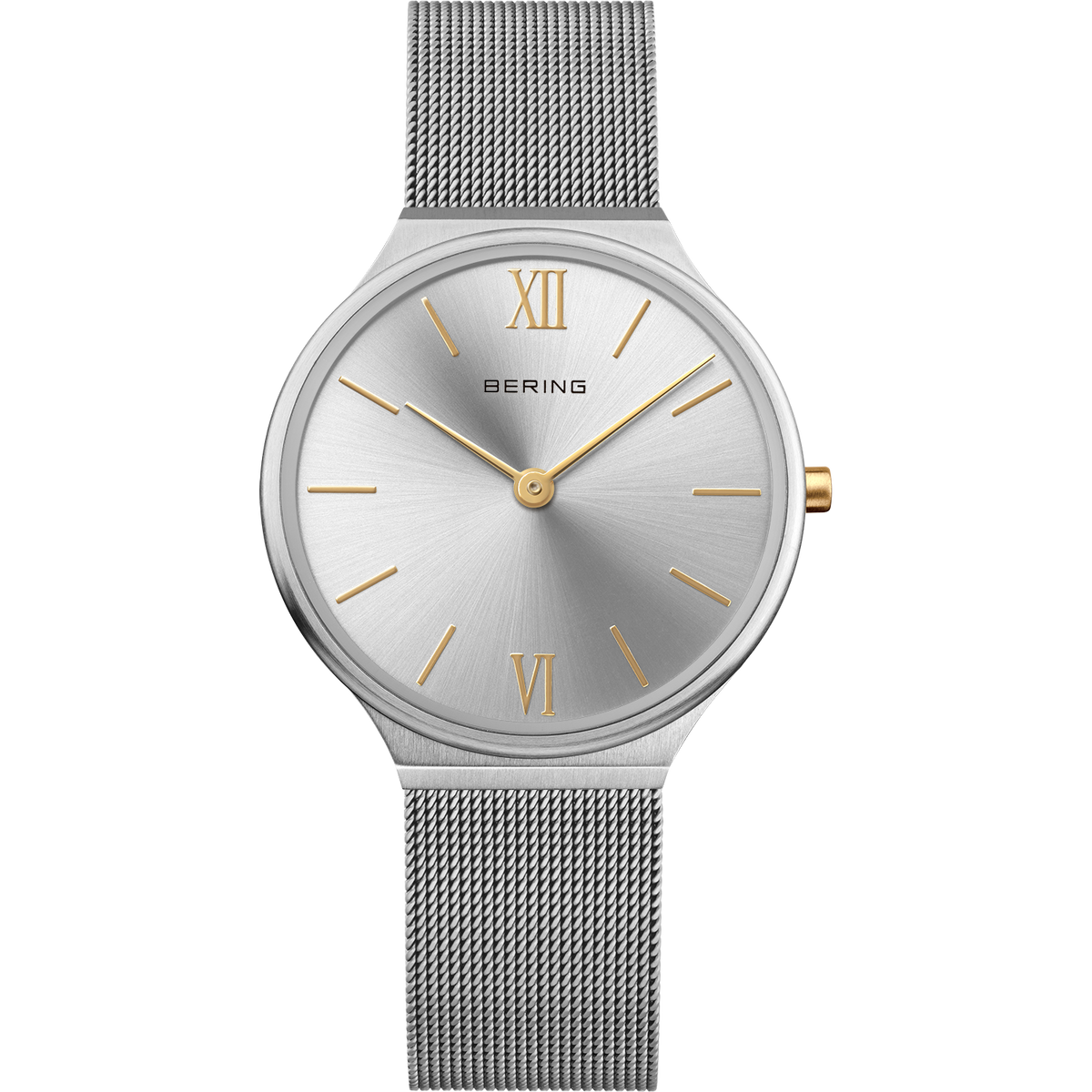 Silver mesh band wristwatch with round case, white dial, Roman numerals, and golden hour markers