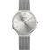 Silver mesh band wristwatch with round case, white dial, Roman numerals, and golden hour markers