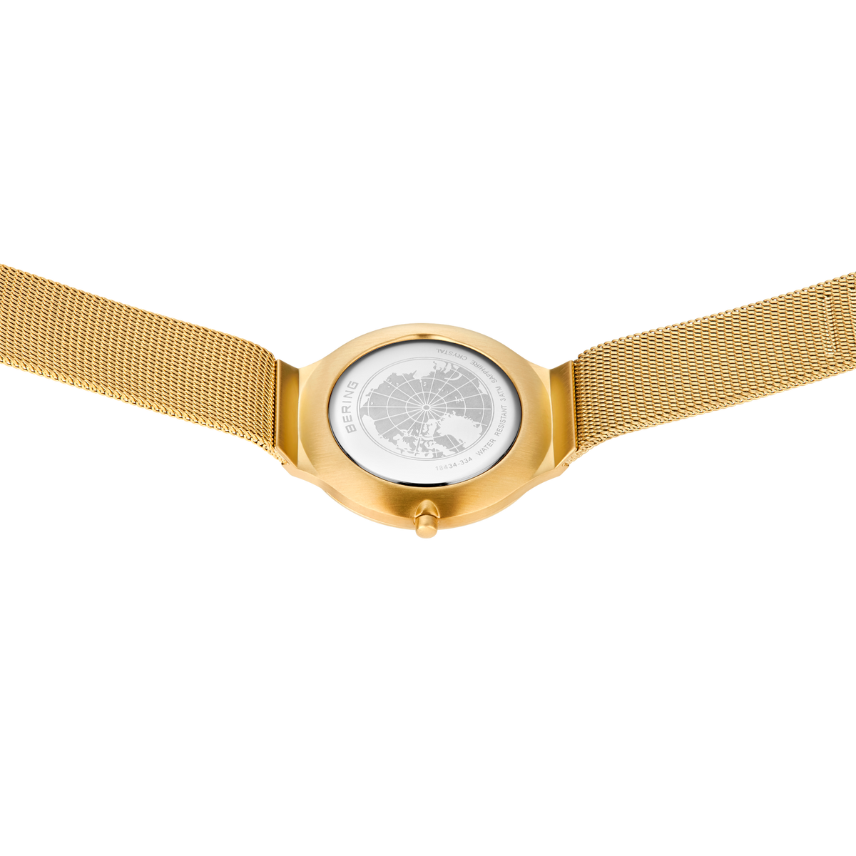 Vista dall'alto di orologio BERING color oro con cinturino a maglia e quadrante argentato