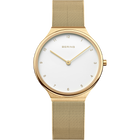 Orologio color oro champagne con quadrante bianco minimalista, numeri a 12, 3, 6, 9 e cinturino mesh coordinato