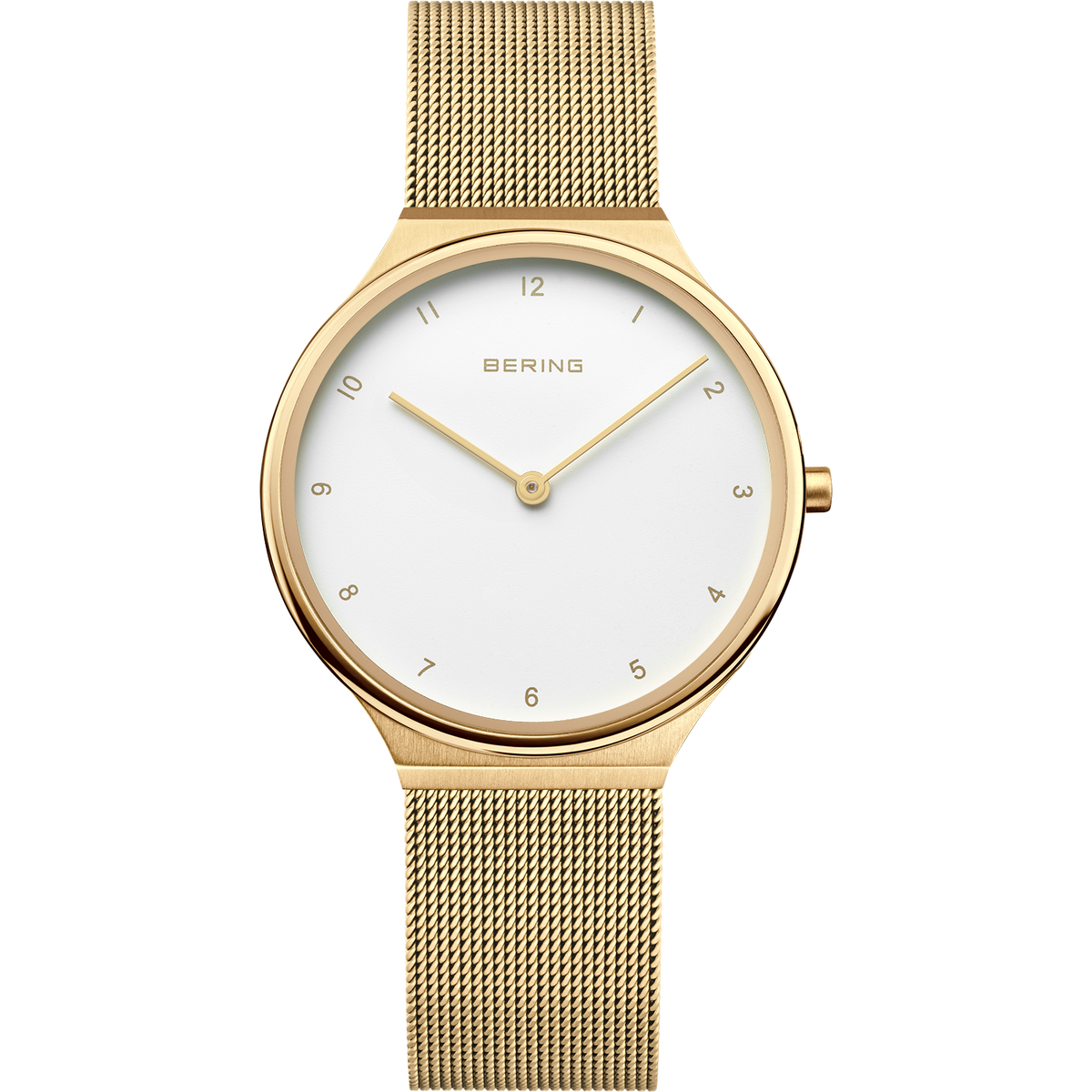 Orologio color oro champagne con quadrante bianco minimalista, numeri a 12, 3, 6, 9 e cinturino mesh coordinato