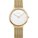 Orologio color oro champagne con quadrante bianco minimalista, numeri a 12, 3, 6, 9 e cinturino mesh coordinato