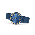Blue dial watch with Roman numerals and gold hands, blue mesh strap, angled view